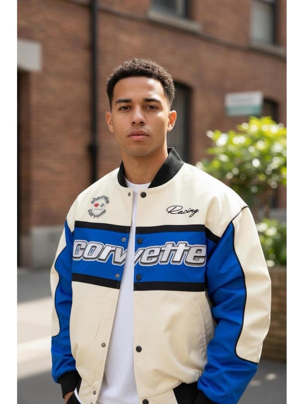 Corvette Racing Varsity Jacket White Blue Black Men's GM OFFICIAL Size M